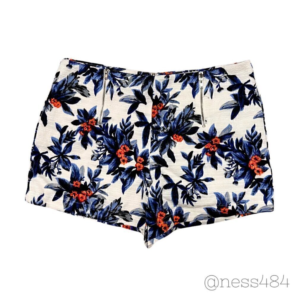 SOPHIE RUE Floral Print Shorts White Blue‎ Orange Zipper Detail Women's Size L